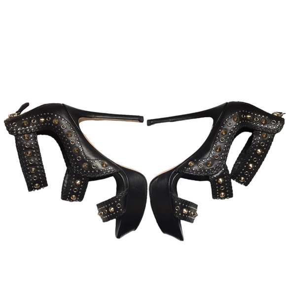 Stella Luna Y2K 37.5 7 US Black Leather Gold Studded Zip Strappy Stiletto Heels - Picture 6 of 12